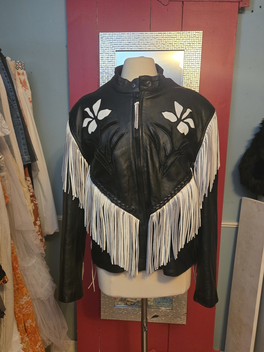 Fringed Black Leather Jacket with White Accents